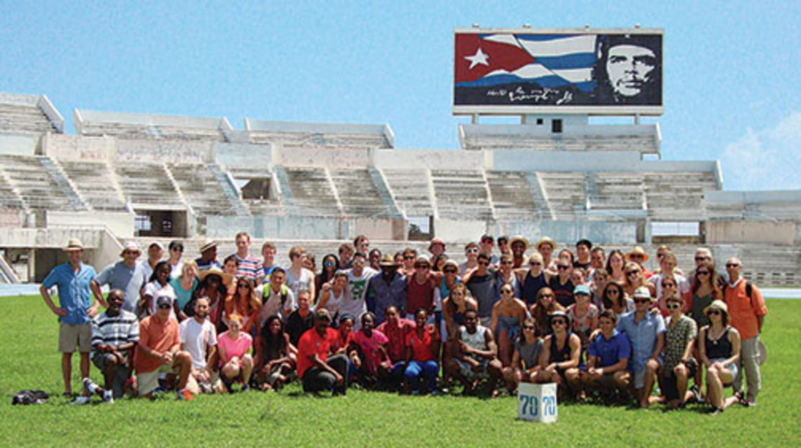 The Princeton teams pose for a group photo at Estadio Panamericano in Havana, site of the 1991 Pan American Games.