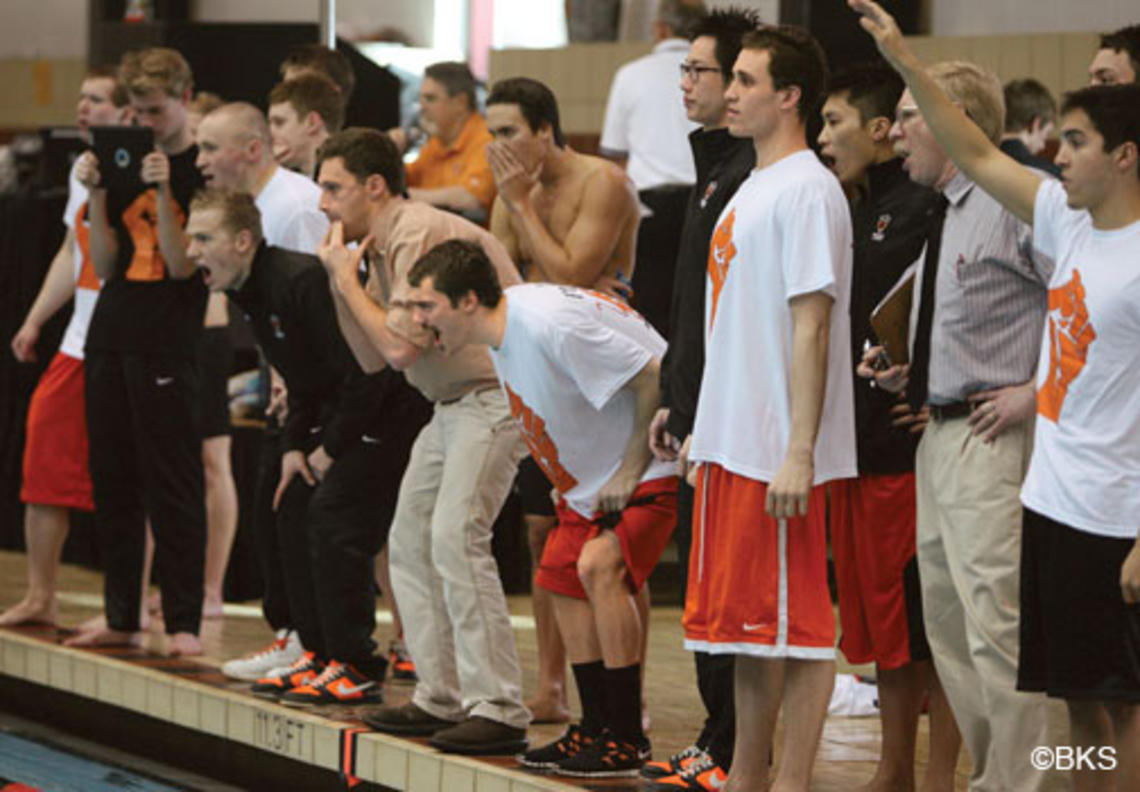 Princeton swimmers and divers cheer on their teammates at the HYP meet Feb. 3. The Tigers lost to Harvard, but will have another chance to top the Crimson at the Ivy Championships.