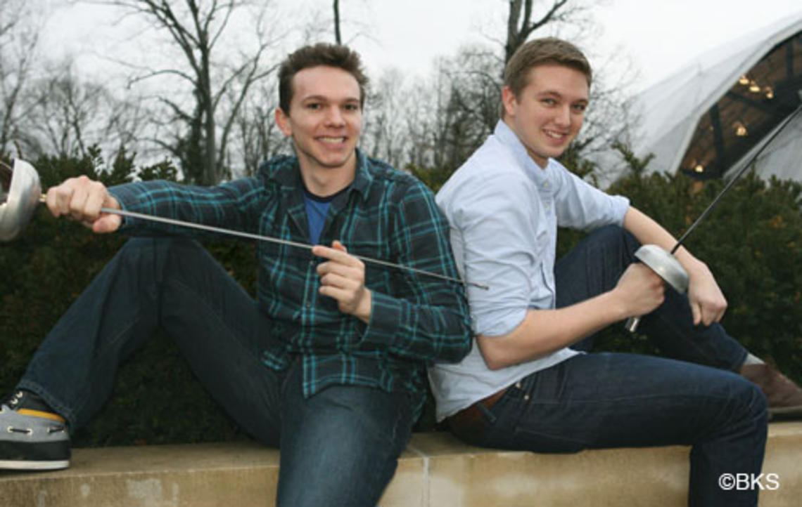 Fencers Jonathan Yergler ’13, left, and Edward Kelley ’13 are friendly competitors who push each other to improve.