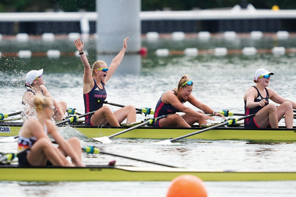 SPORTS_Hannah Scott copy.jpg Sitting in a crew boat, Hannah Scott ’21, arms raised, celebrates Great Britain’s narrow victory in the quadruple sculls.