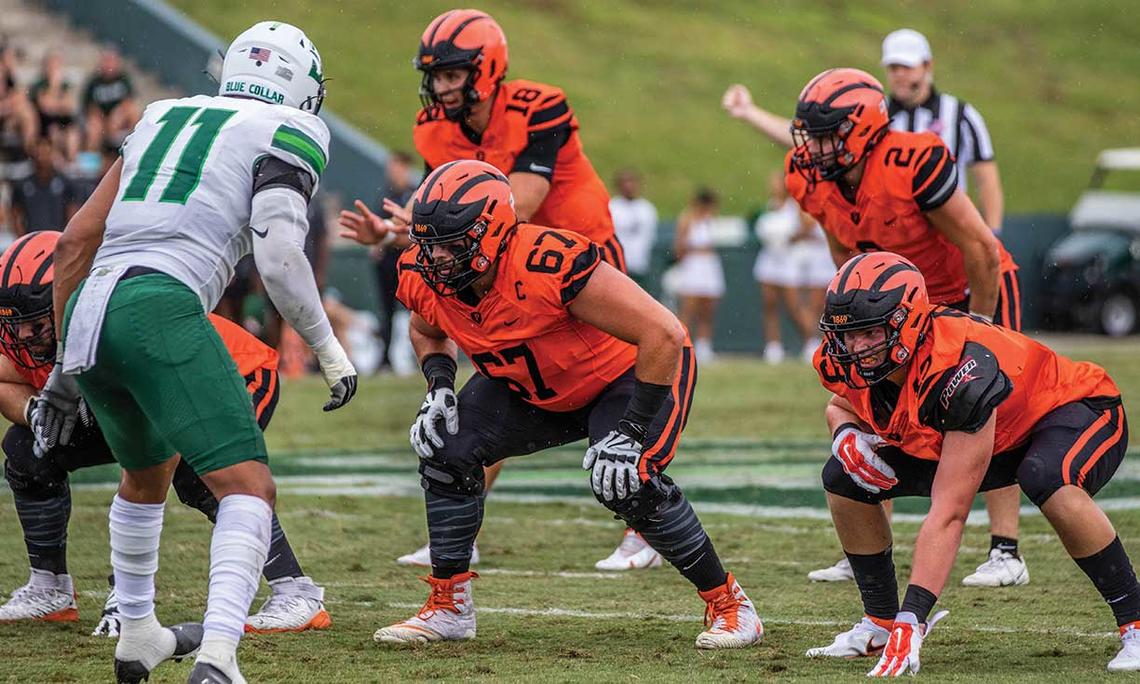 SPORTS_Henry-Byrd_preplay.jpg Henry Byrd ’23 (67) lines up before a play against Stetson.