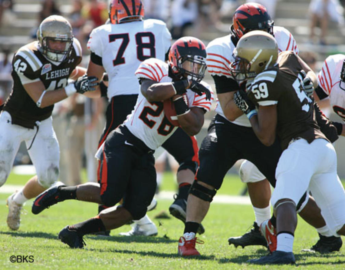Akil Sharp ’13 ran for two touchdowns at Lehigh.