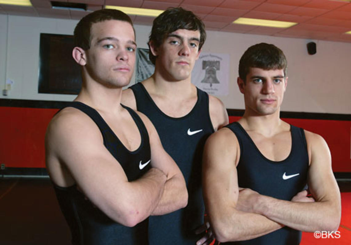 From left, Garrett Frey ’13, Daniel Kolodzik ’12, and Tony Comunale ’12, co-captains of the wrestling team. 