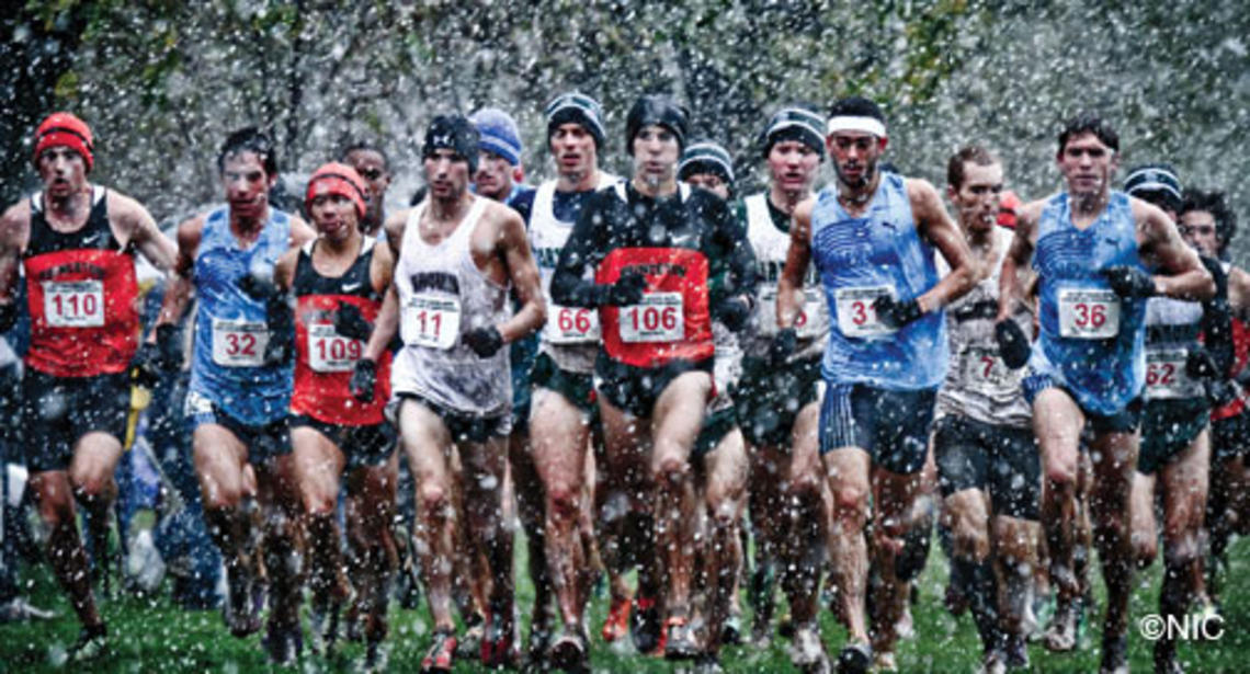 Donn Cabral ’12, center, led Princeton to its fifth Ivy title in six years during an unusual October snowstorm.