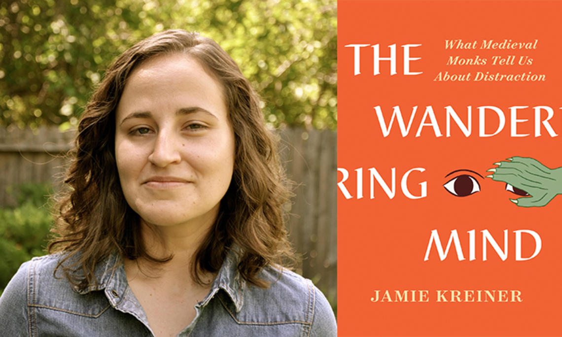 The left side of this image is a headshot photo of Jamie Kreiner *11; the right side is the orange cover of her book, "The Wandering Mind."