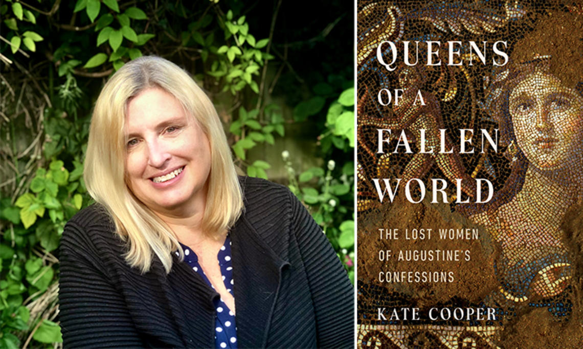 Left, Kate Cooper *93; right, the cover of her book, "Queens of a Fallen World," with a photo of a mosaic of a woman, probably ancient Roman.