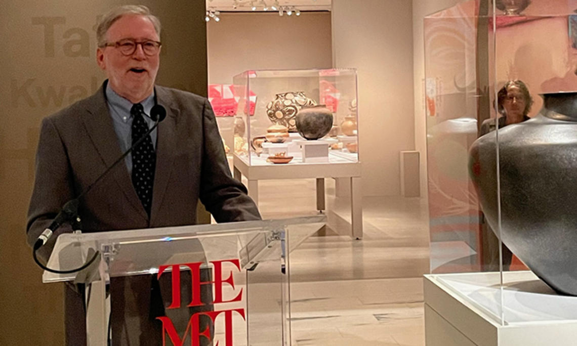TOW_MichaelBrown_MFB speaking 2.jpg Michael Brown ’72 speaks at The Met in front of the Pueblo pottery exhibit.