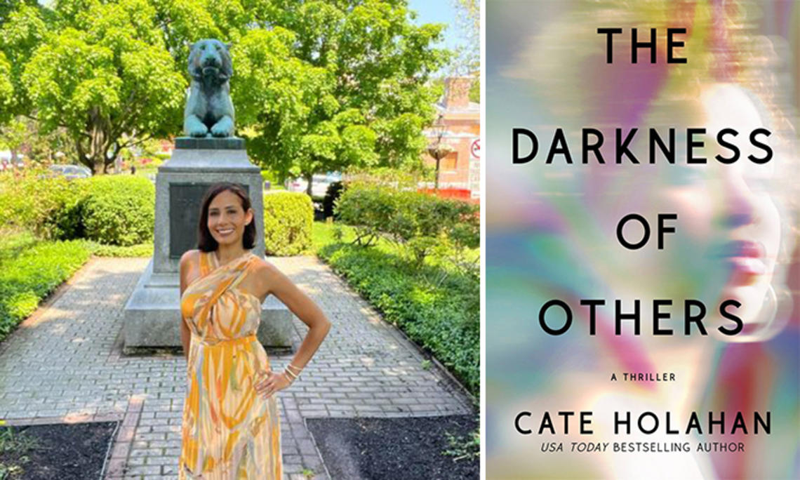 The left side of this image is Cate Holahan ’02 posing in front of a tiger statue during Reunions; the right side is the cover of her upcoming book, "The Darkness of Others."