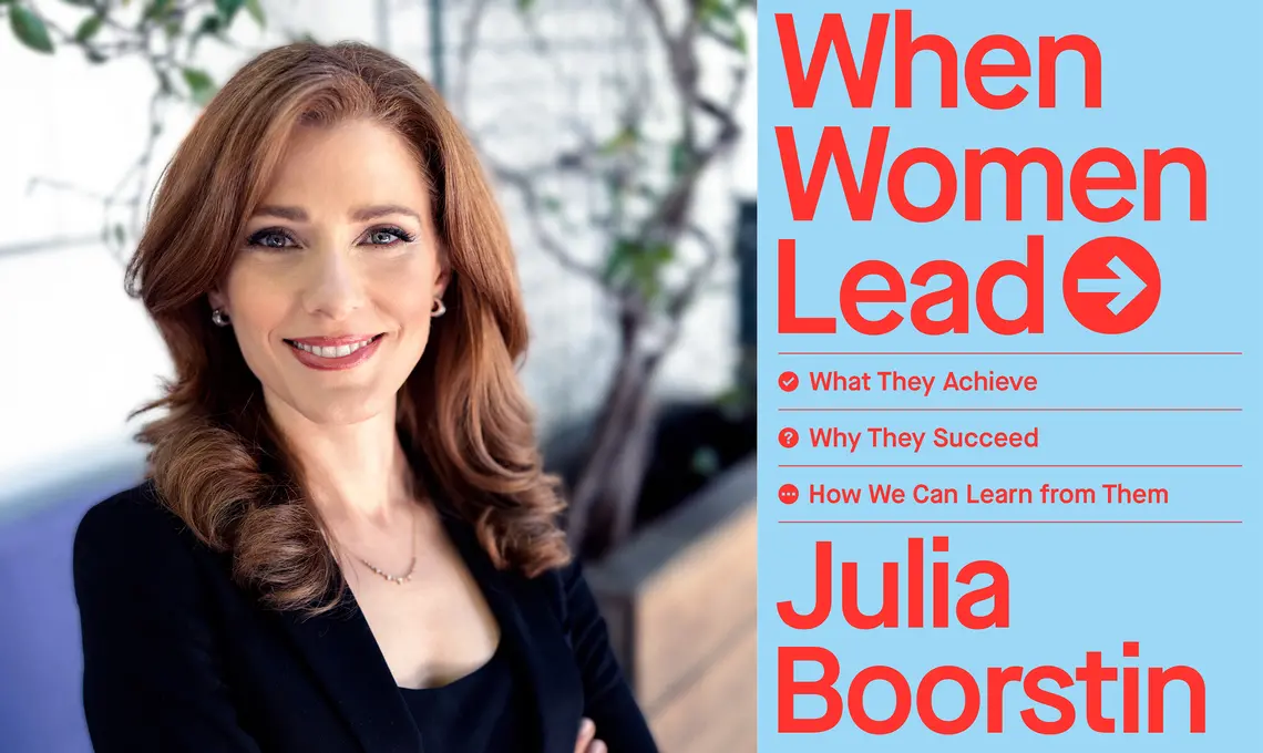 The left side of this image is a photo of Julia Boorstin ’00; the right side is the cover of her book, When Women Lead.