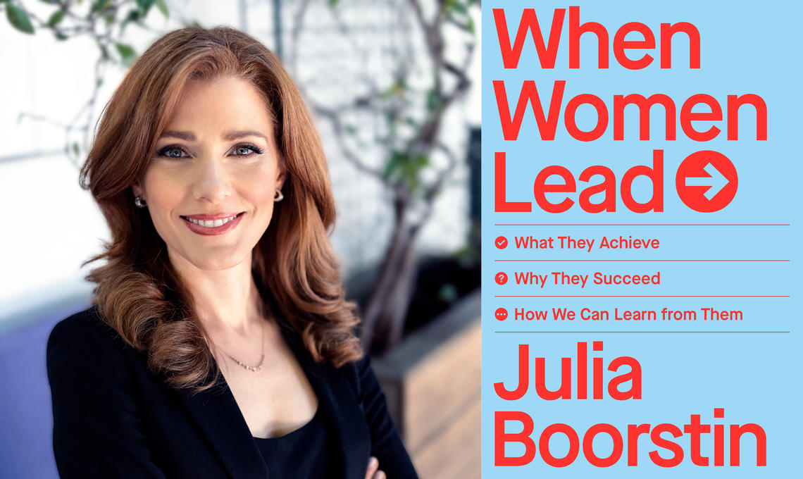 The left side of this image is a photo of Julia Boorstin ’00; the right side is the cover of her book, When Women Lead.