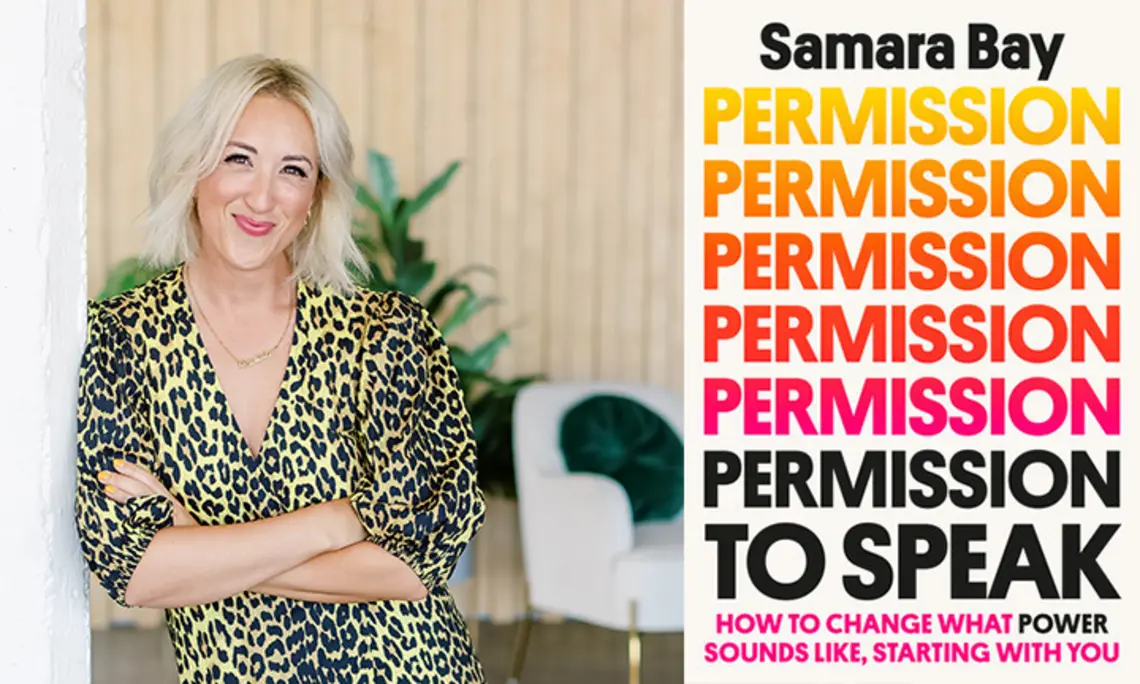 Samara Bay ’02 on the left, with the cover of her book "Permission to Speak" on the right.
