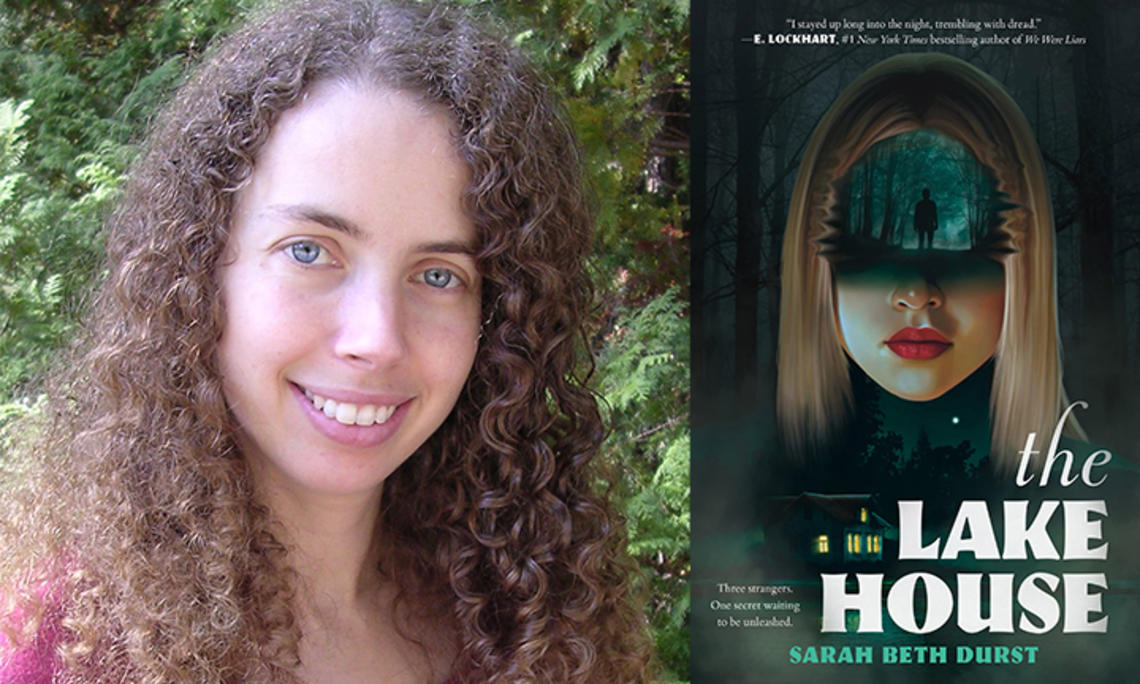 Left, Sarah Beth Durst ’96; right, the cover of "The Lake House," with an illustration of a girl's head where you can see through her forehead to a forbidding forest scene.