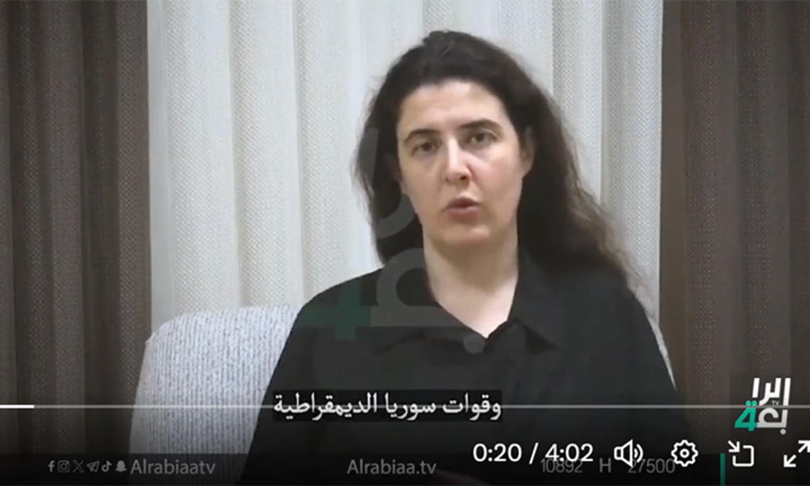 Elizabeth Tsurkov speaks in front of a curtain, wearing a black collared shirt.