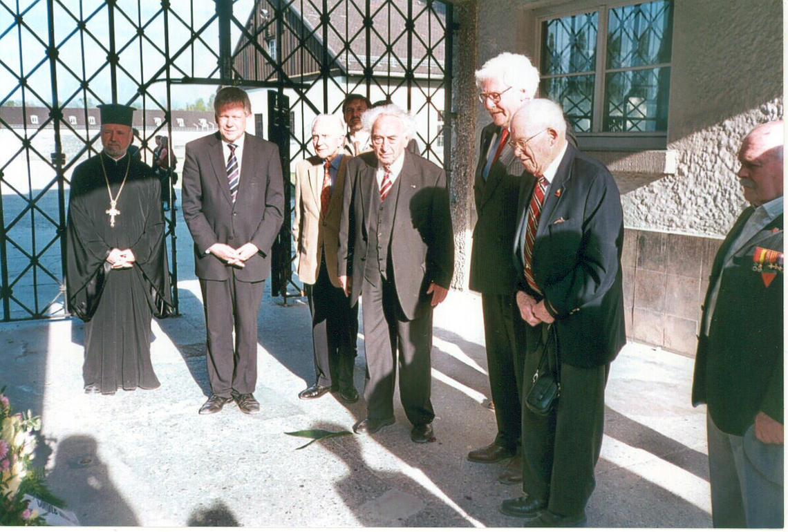 Alan W. Lukens '46, second from right, joins with other dignitaries at a wreath-laying ceremony at the Dachau concentration camp in April 2010.  