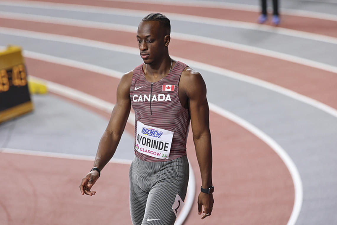 Ibrahim Ayorinde ’23 prepares for his heat at the World Indoor Championships in Glasgow, Scotland, in March. 