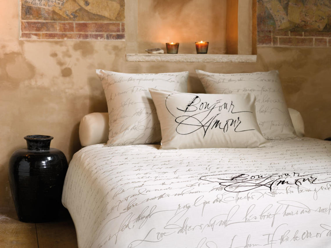 Bed linen designs for Slabbinck Home Creations, Bruges, Belgium. Calligraphy woven into damask linen/cotton blend.  The text on the bed linens is Shakespeare’s Sonnet 18, “Shall I compare thee to a summer’s day...”  On the pillow case are the word