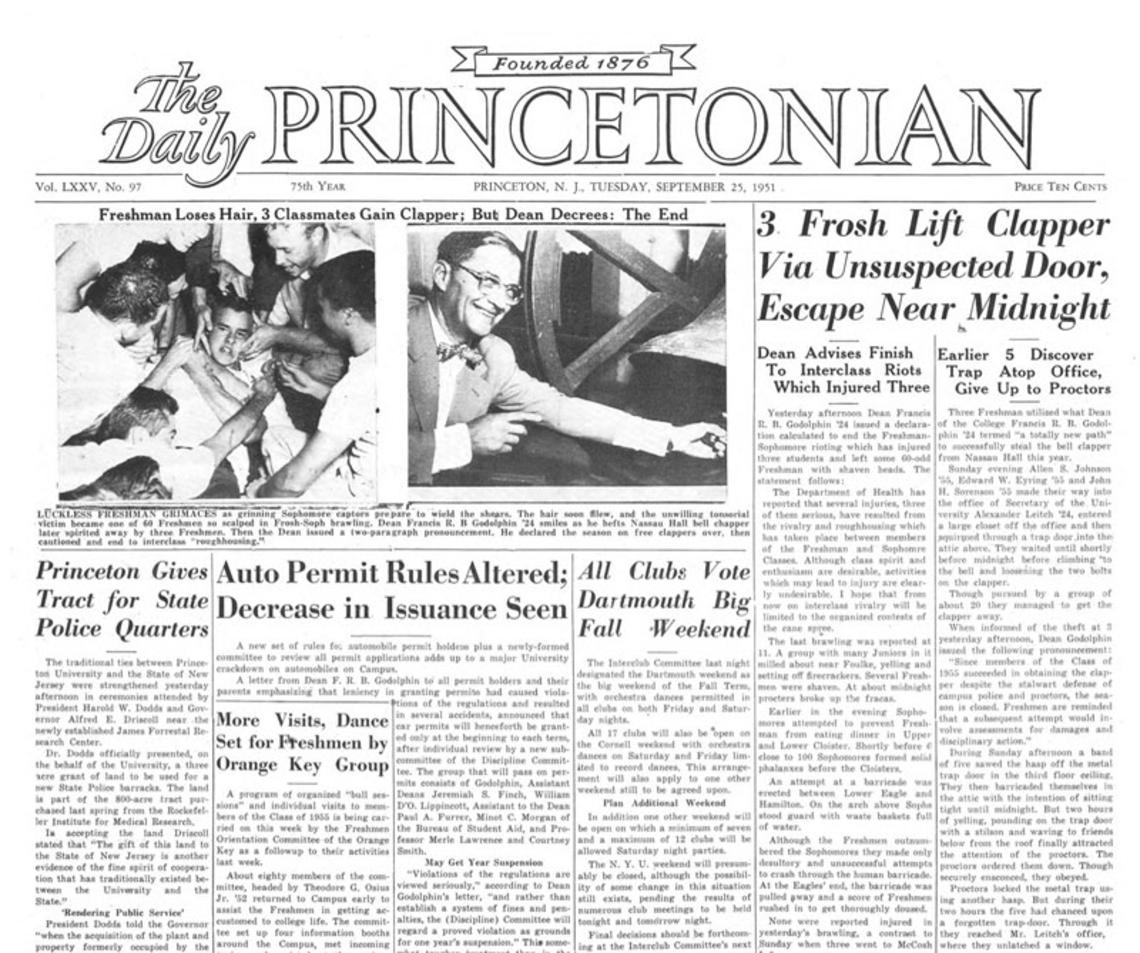 The Sept. 25, 1951, Daily Princetonian told the story of the clapper theft and stealth escape.