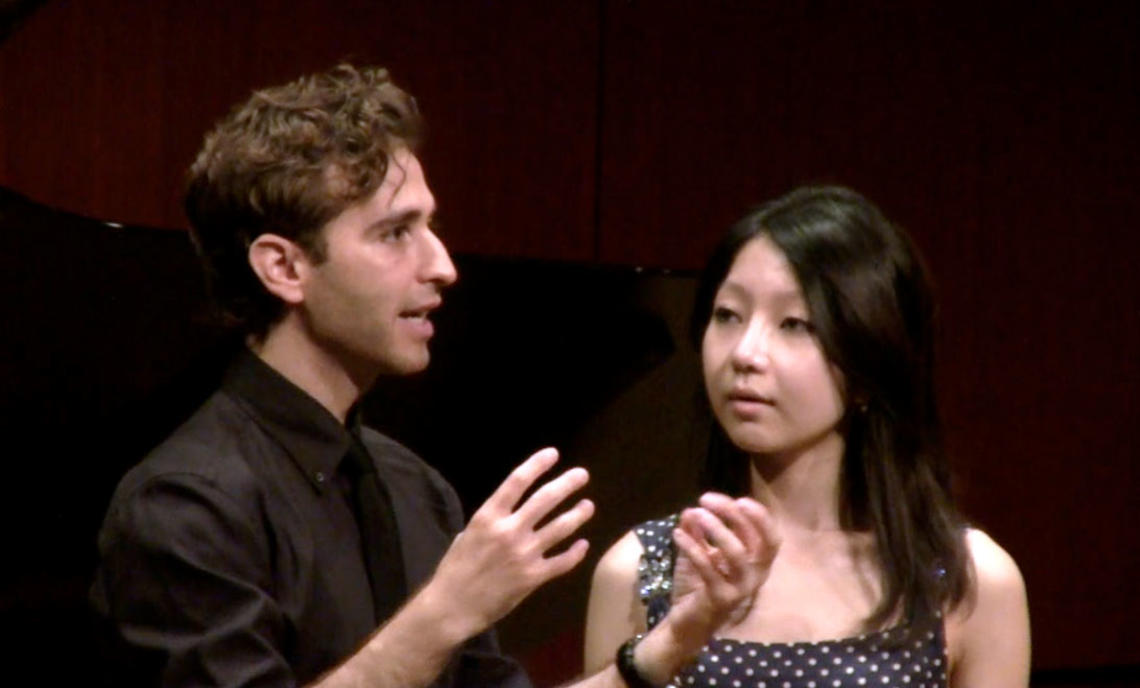 Anthony Roth Costanzo ’04 with soprano Lydia Lim ’15 during an opera master class at Taplin Auditorium in September.