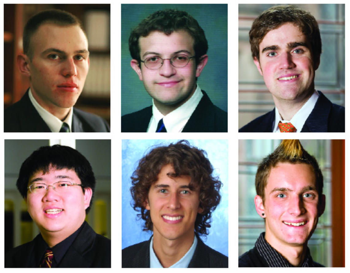 At top from left, Princeton scholars Stephen Hammer ’09, Scott Moore ’08, and Timothy Nunan ’08. Bottom row, from left, Michael Shih ’09, Michael Solis ’07, and Alexander Barnard ’09.