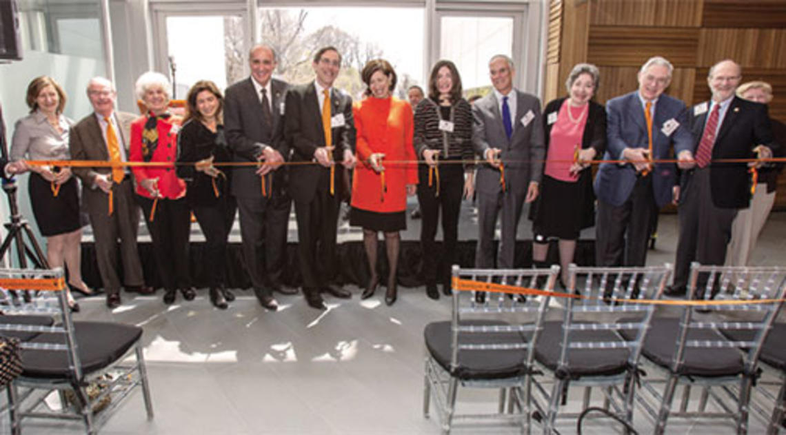 Joining me at the dedication ceremony were, from left, Lynn Bendheim Thoman ’77, James McDonnell III ’58, Libby McDonnell, Regina Kulik- Scully, John Scully ’66, Nancy Peretsman ’76, Emma Scully ’12, Robert Scully ’72, Florence Davis and Edwar