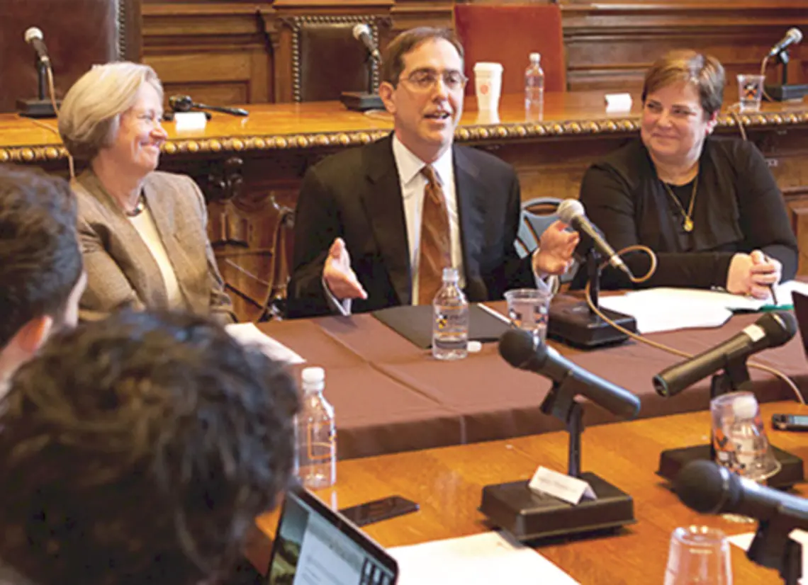 President-elect Chris Eisgruber ’83 meets the press, flanked by Board of Trustees Chair Katie Hall ’80 and me.