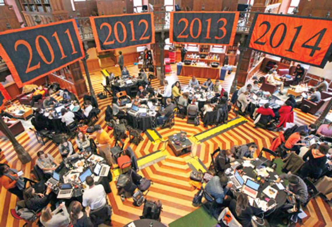 Members of recent graduating classes participate in an Annual Giving volunteer “boot camp” in the Chancellor Green Rotunda last November. Young alumni participation in giving is key to the University’s future.