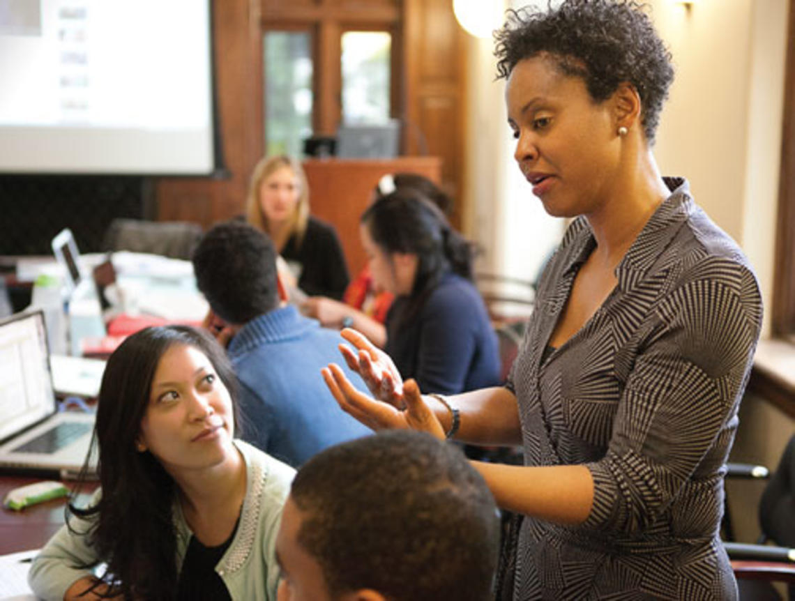 pres_9.jpg Associate Professor of Psychology and African American Studies Stacey Sinclair, shown here talking with students in a course on prejudice and social stigma, is among many Princeton faculty members whose teaching and research investigate issues of race and
