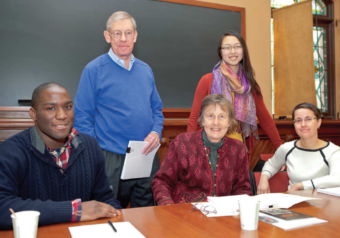 Among the 18 members of the Steering Committee on Undergraduate Women’s Leadership are (from left) Osahon Okundaye ’12; Professor of Sociology Thomas Espenshade *72; committee chair Nannerl Keohane, the Laurance S. Rockefeller Distinguished Visiting P