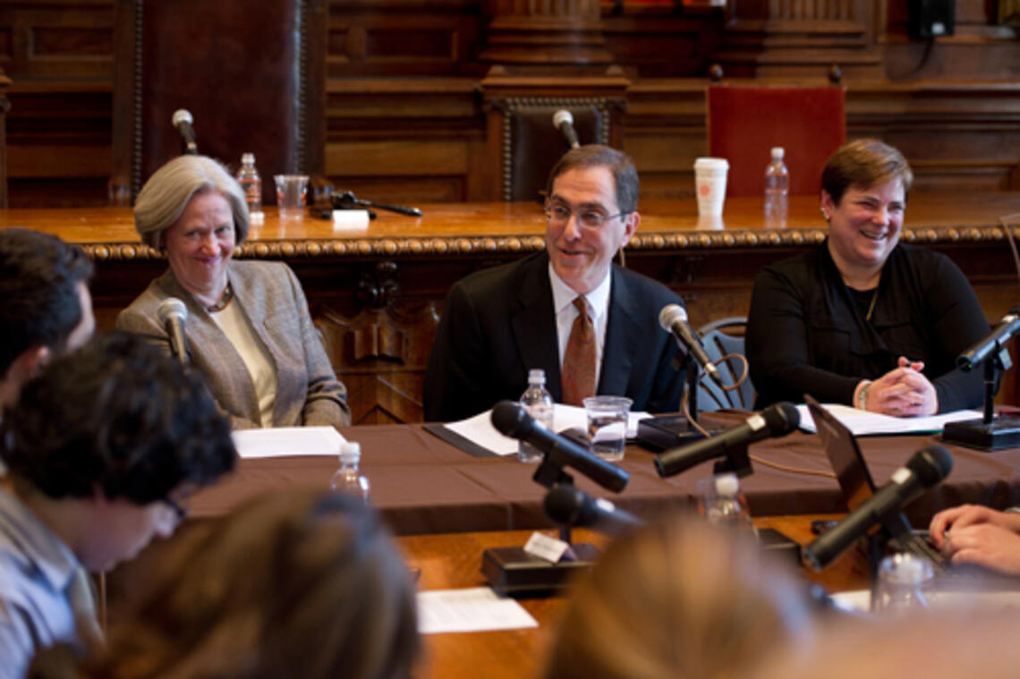 web0032CROP.jpg Provost Christopher Eisgruber ’83 answers a question during the University's announcement April 21 that he will succeed Shirley Tilghman, left, as president July 1. At right is Kathryn Hall '80, chairwoman of the Board of Trustees and head of the presid