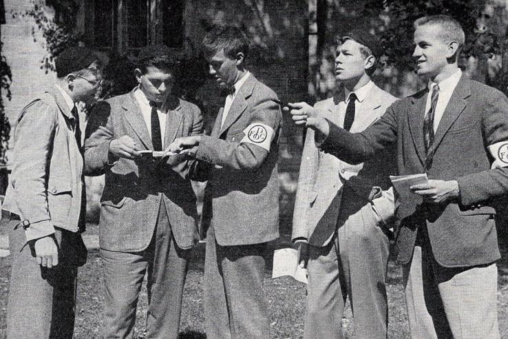 Archival photo of Princeton freshmen and orientation guides in 1938