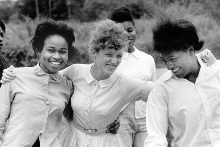 Freedom School, Mileston. Mississippi Summer Project, 1964:  Edie Black, volunteer from Smith College, with students she teaches in a freedom school at Mileston, a community of independent black farmers in the Mississippi Delta near Lexington.