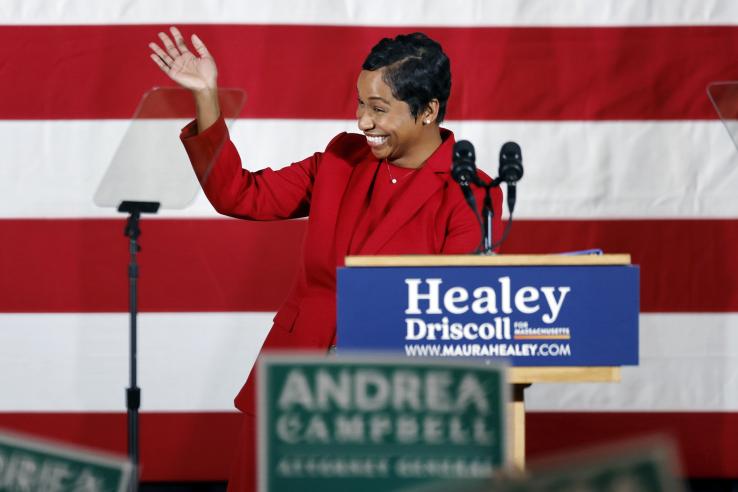 Massachusetts Attorney General-elect Andrea Campbell ’04 waves on stage during a Nov. 8 Democratic election night party. 