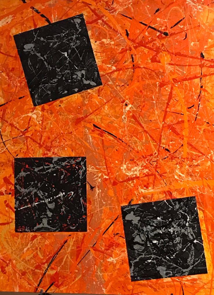 This is a photo of the painting "And Still We Thrive 1," which is abstract orange with black squares on top.