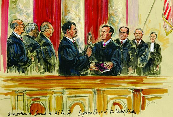 Court illustration of Alito swearing in.