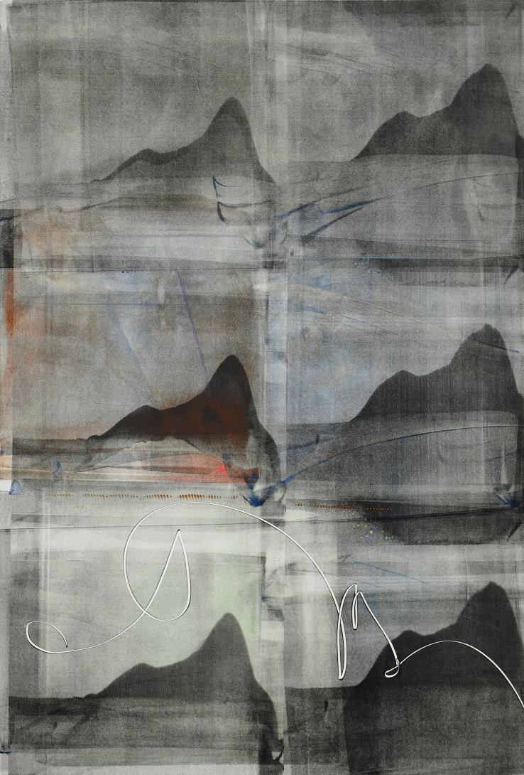 This is a photo of the painting "Going Back," which looks like abstract mountains in shades of gray.