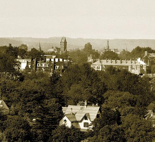 Three towers from the Victorian era — the Dickinson classroom building, the School of Science, and Marquand Chapel — all would burn within 15 years. The bristling chimneys belong to Edwards and Dod dormitories, Victorian stalwarts still occupied today