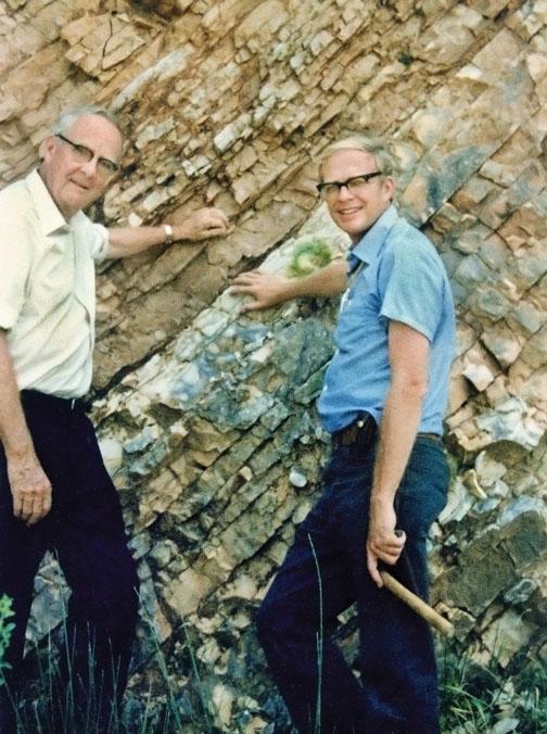 Scientists Luis, left, and Walter Alvarez *67, father and son, at the K/T boundary in Gubbio, Italy, in 1981.