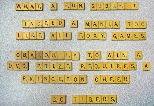 The winning entry in PAW’s constrained-writing contest was submitted by Justin Werfel ’99 (below left), who used all the tiles in a Scrabble set (including two blanks) exactly once.