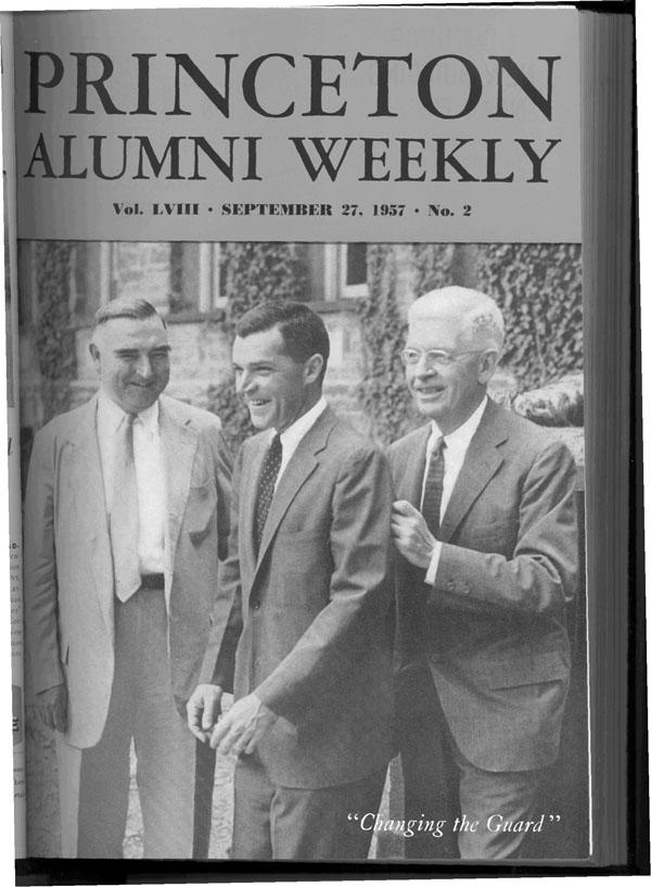 PAW cover Sept. 27, 1957,  with Harold Helm ’20, left, and President Harold Dodds *14 on Goheen’s inauguration day.