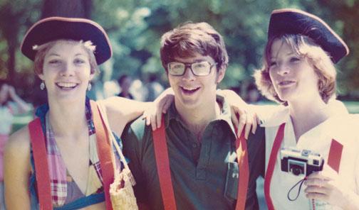 Betsy Hay ’76, left, with classmates Buddy Haas and Sylvia Stevenson at Reunions in 1976. Hay and Haas later married.