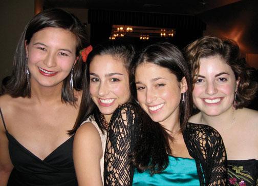 From left, Tarryn Chun ’06; Molly Ephraim ’08, Catherine Rampell ’07, and  Eve Glazer ’06 at Tower Club, December 2005. 