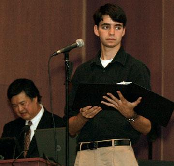 Judge Denny Chin '75, left, and Ben Cogan, '12, during a reenactment of the trial of Minoru Yasui.