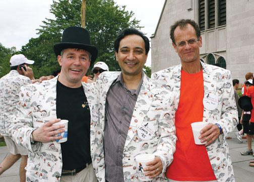  Enjoying their “Roarin’ 25th” (and their new Reunions jackets) are ’85ers, from left, Bill Bergmann, Zahid Hussain, and Doug Stahl. 