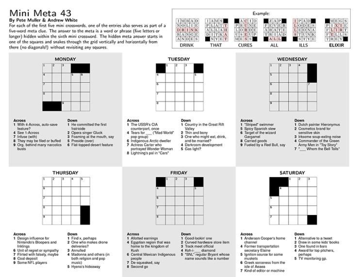 This is an image of a mini meta crossword puzzle; it looks like six small crossword puzzles.