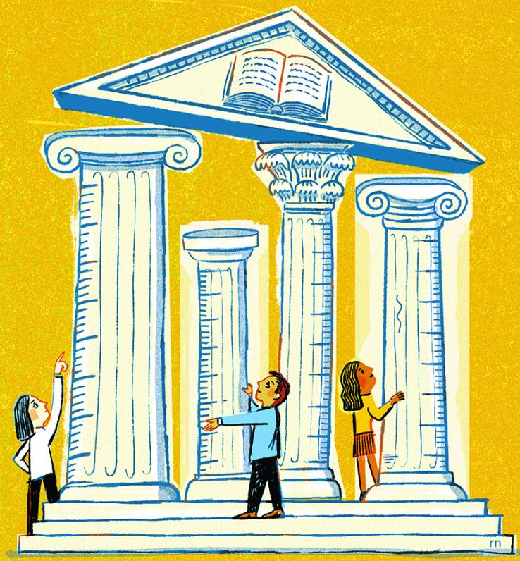 Illustration of people measuring columns that symbolize institutions