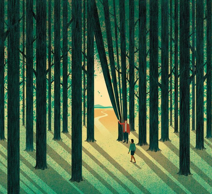 This is an illustration of an alum pulling back the trees in a forest like they're a curtain, to show a student a path through sunlight on the other side.