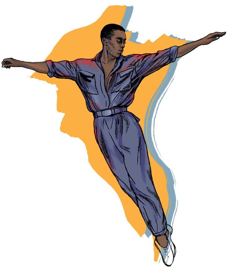 This is an illustration of Dean Moss dancing, arms out, in the air with his ankles crossed. The background is yellow and blue.