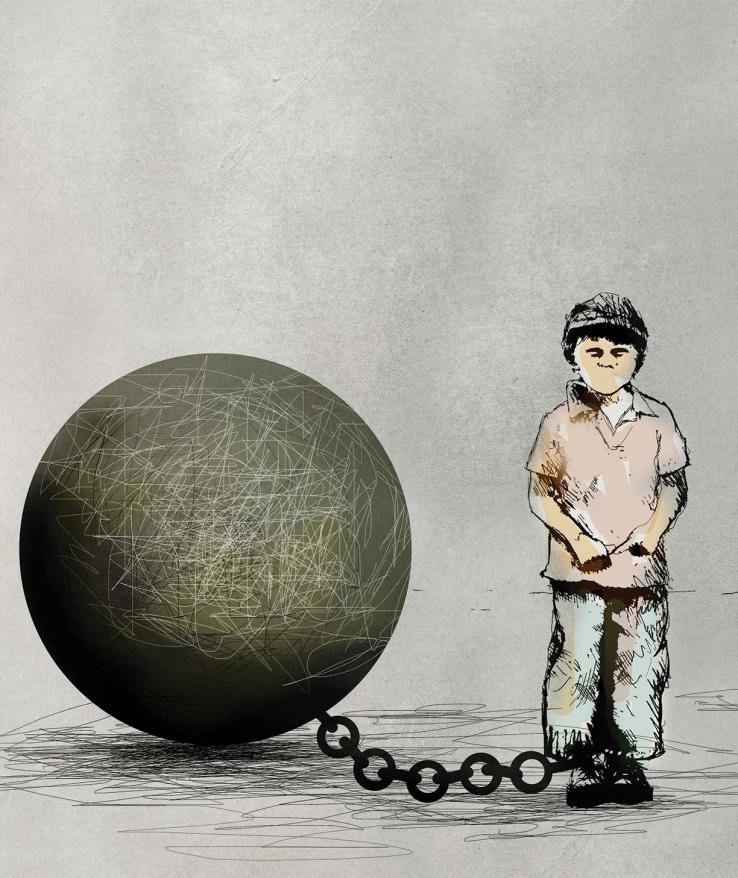 Illustration depicting child with large ball and chain