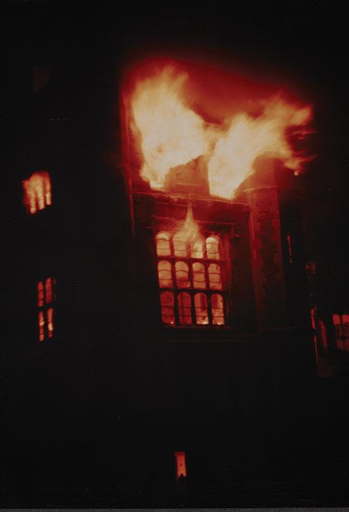 The University Gymnasium in flames.