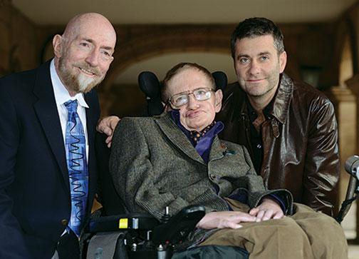 Kip Thorne *65, left, with physicist Stephen Hawking and Stephen Finnigan, director of the film Hawking, in Cambridge, England, in 2013.